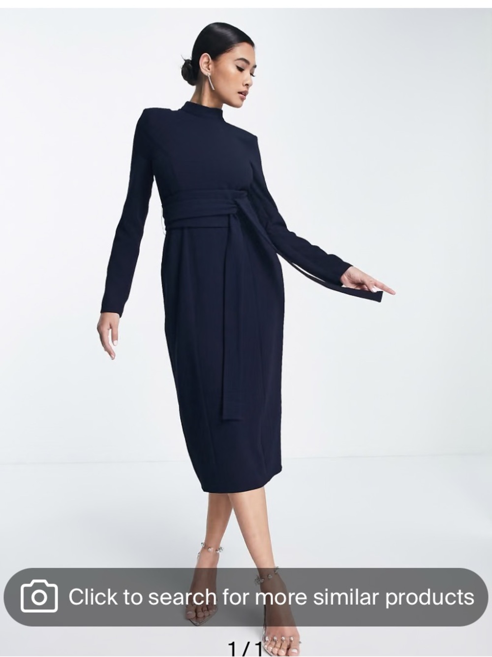 ASOS Design Navy High-Neck Long-Sleeve Midi Dress with Waist Tie